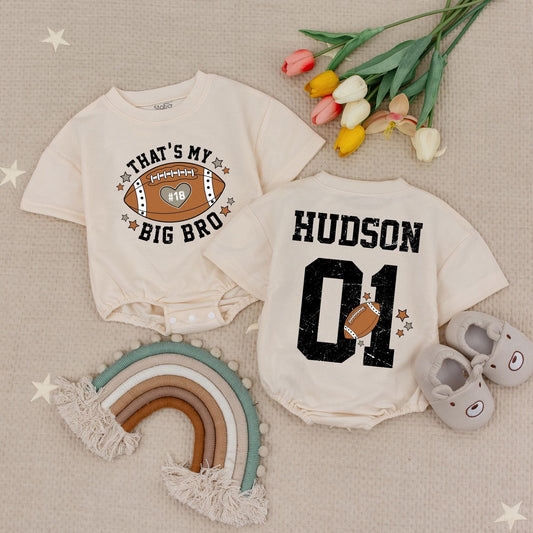 Custom 'That's My Big Bro' Football Romper, Hudson 01 Personalized Game Day Baby Outfit, Brother's Biggest Fan Clothes 18 Heart Star Accents