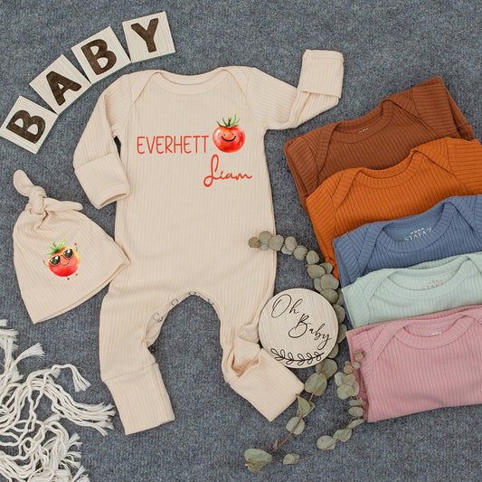 Personalized Baby First Middle Name Romper Adorable Smiling Tomato Design Modern Newborn Shower Gift Coming Home Outfit