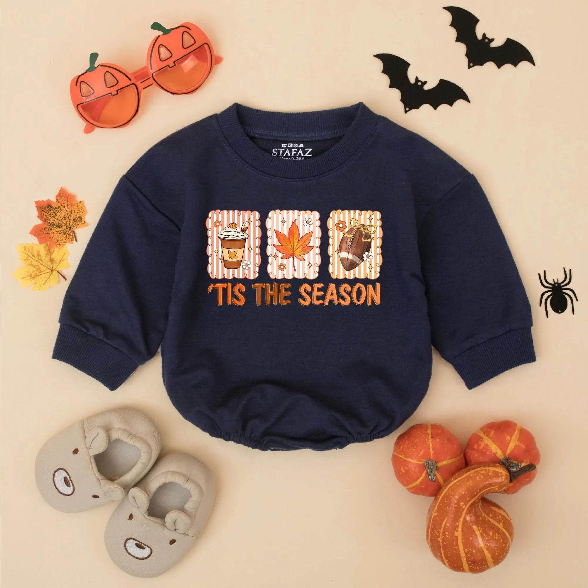 Tis The Season Baby Romper Retro Football Maple Leaf Pumpkin Spice Latte Fall Outfit Toddler Newborn First Thanksgiving Gift