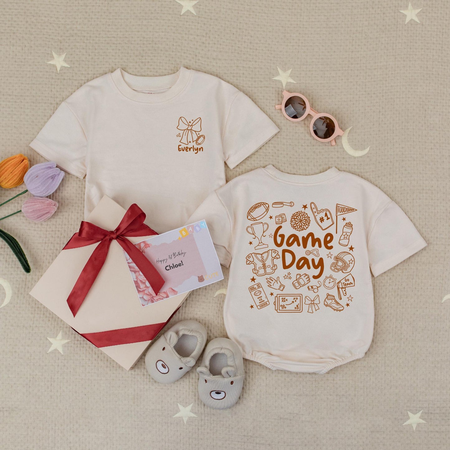 Custom Name Football Game Day Baby Romper with Bow Stars, Cute Football Season Infant Bodysuit in Earthy Brown Tones