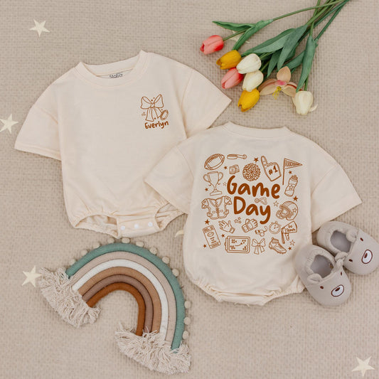 Custom Name Football Game Day Baby Romper with Bow Stars, Cute Football Season Infant Bodysuit in Earthy Brown Tones