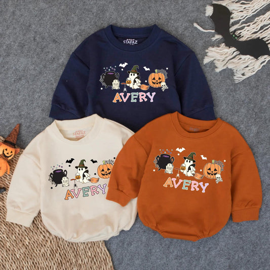 Personalized My First Halloween Romper Cute Spooky Baby Outfit with Ghost, Pumpkin & Bats Goose Baby Clothes Halloween Gift Baby Shower 137 chars