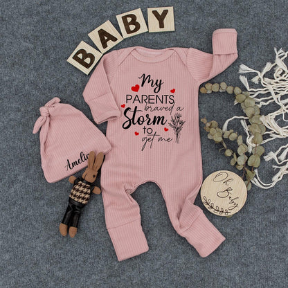 My Parents Braved A Storm To Get Me Baby Romper & Amelia Hat Set, Rainbow Baby Gift, Newborn Coming Home Outfit, Neutral Baby Clothes
