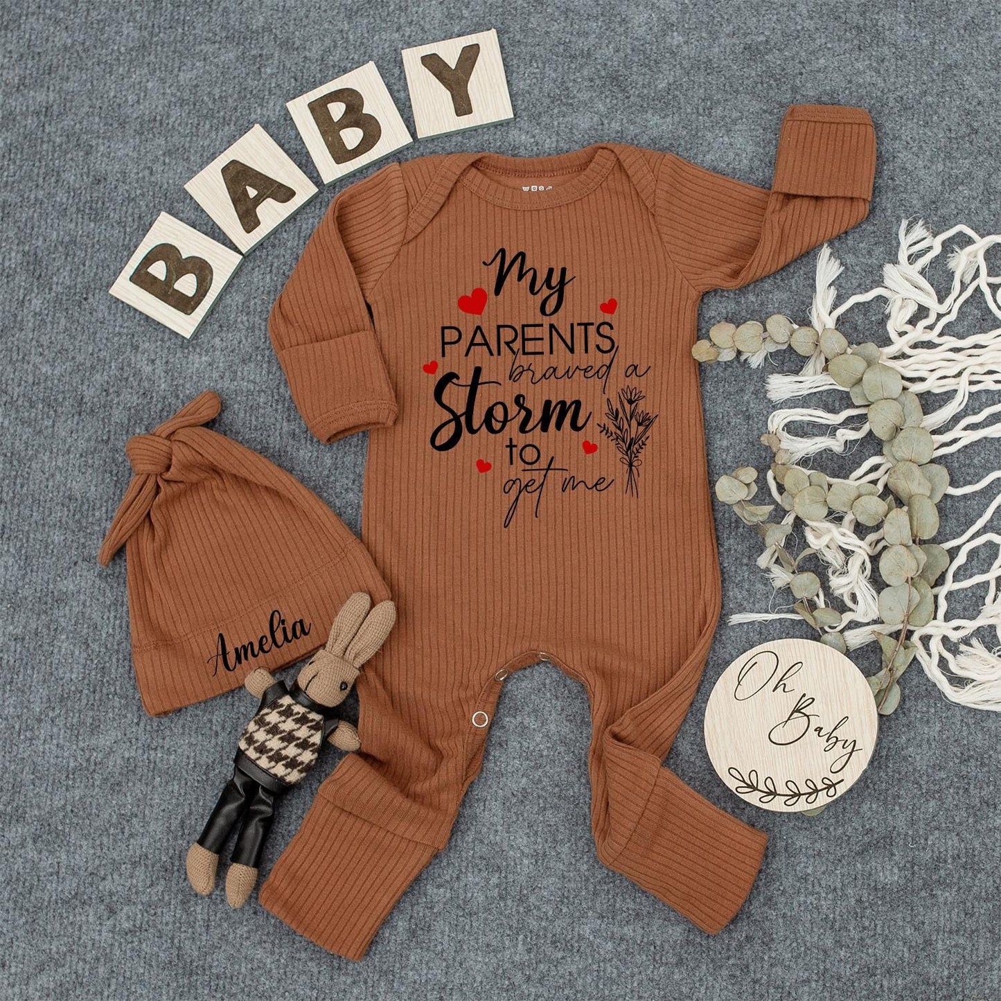 My Parents Braved A Storm To Get Me Baby Romper & Amelia Hat Set, Rainbow Baby Gift, Newborn Coming Home Outfit, Neutral Baby Clothes