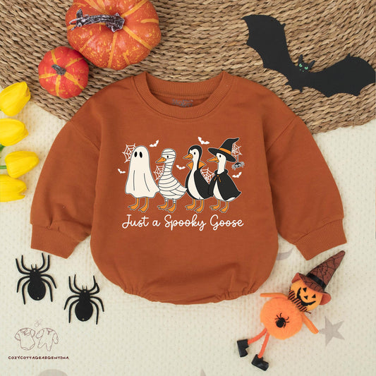 Cute Spooky Goose Baby Romper Funny Halloween Bodysuit Cartoon Geese Ghost Mummy Witch Wizard Costumes Bats Spiderwebs Design