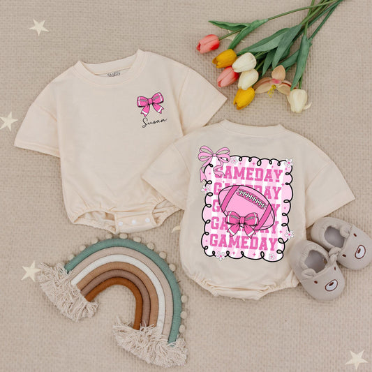 Personalized Pink Bow Football Game Day Romper for Baby Girl First Season Outfit, Cute Bodysuit featuring Gameday Doodle Frame and Stars Baby Shower Gift