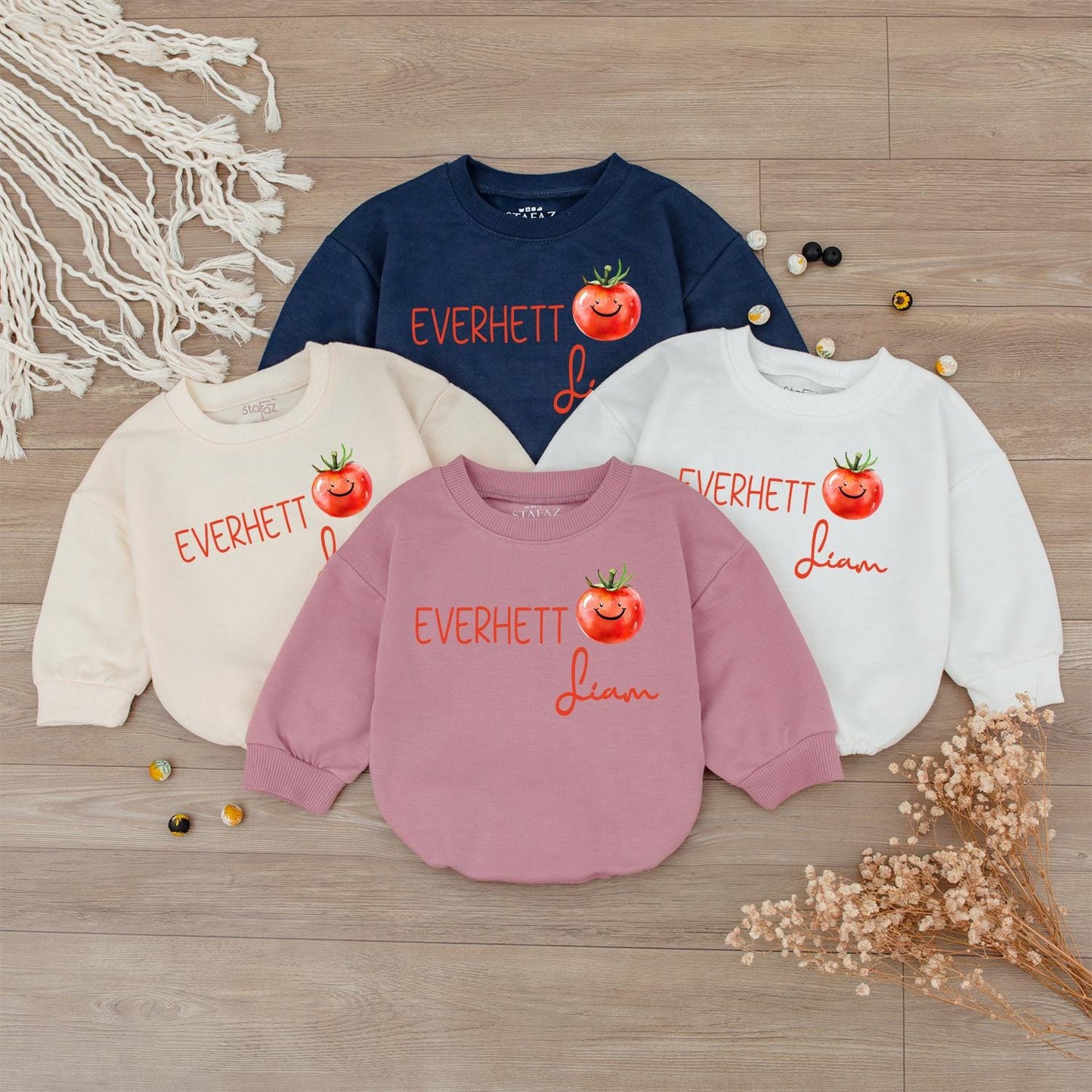 Everhett & Liam Tomato Baby Outfit, Personalized Name Romper, Cute Fruit Toddler Sweatshirt, Funny Matching Sibling Set, Custom Kids Shirt 138 chars