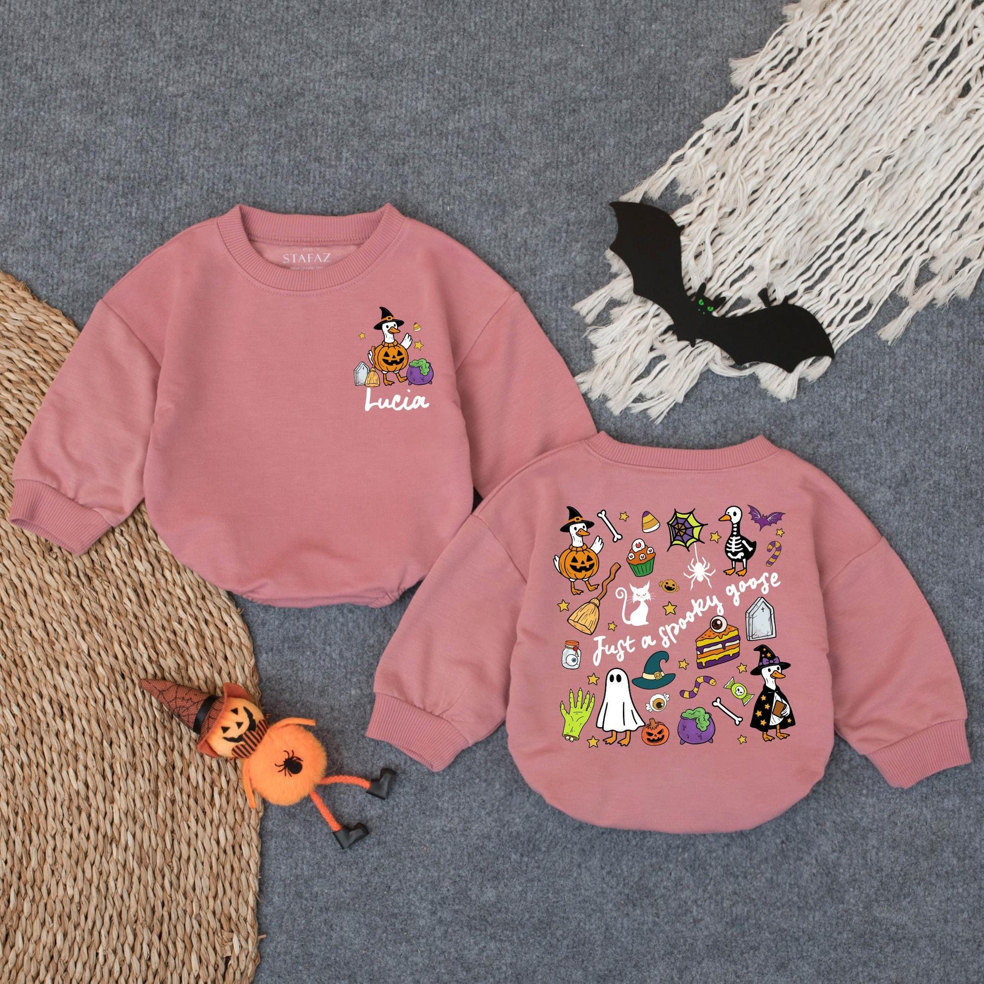 Spooky Goose Halloween Baby Romper "Just a Spooky Goose" Funny Witch Hat Costume Cute Fall Outfit Lucia Personalization Gift