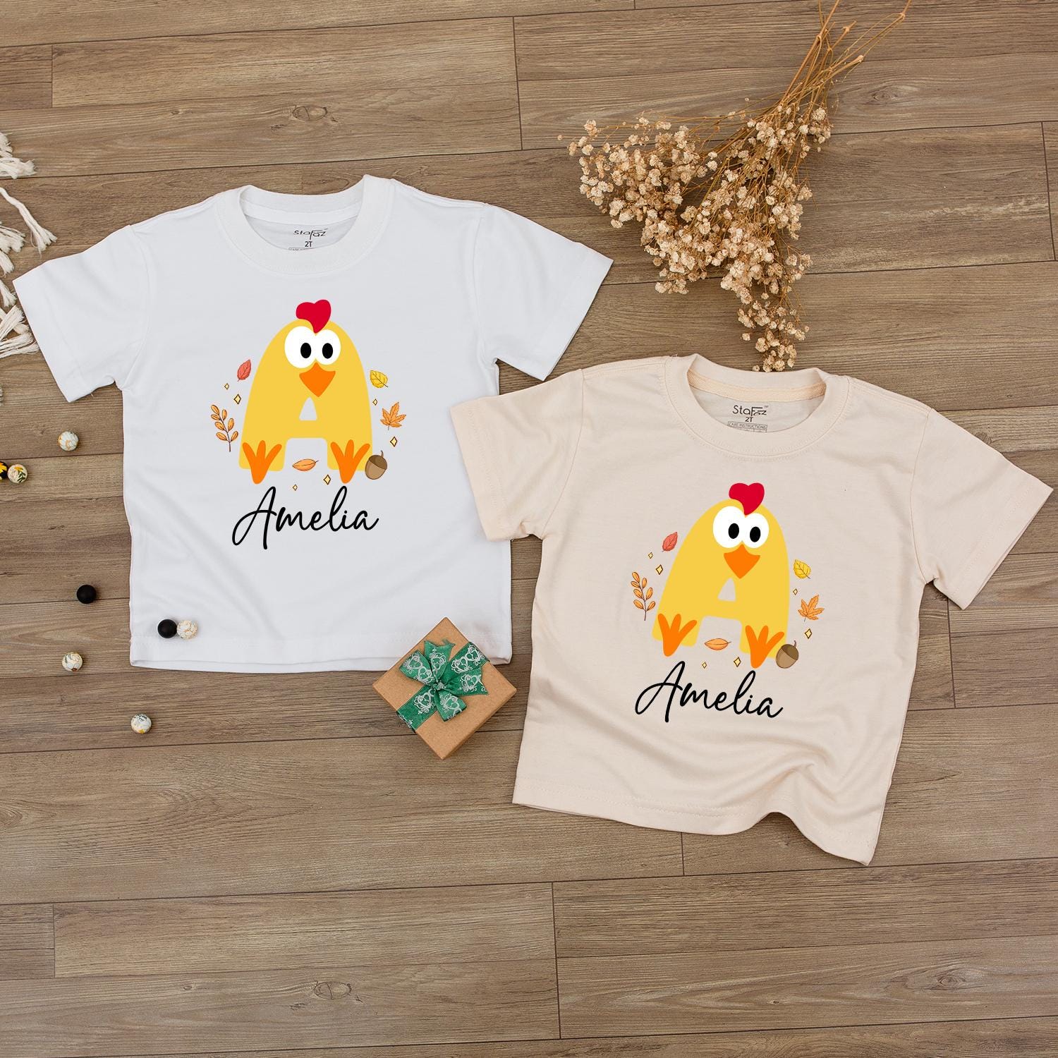 Amelia & Grace Personalized Baby Chick Fall Shirt, Thanksgiving Toddler Tee, Cute Yellow Autumn Outfit, Matching Family Fall Photo