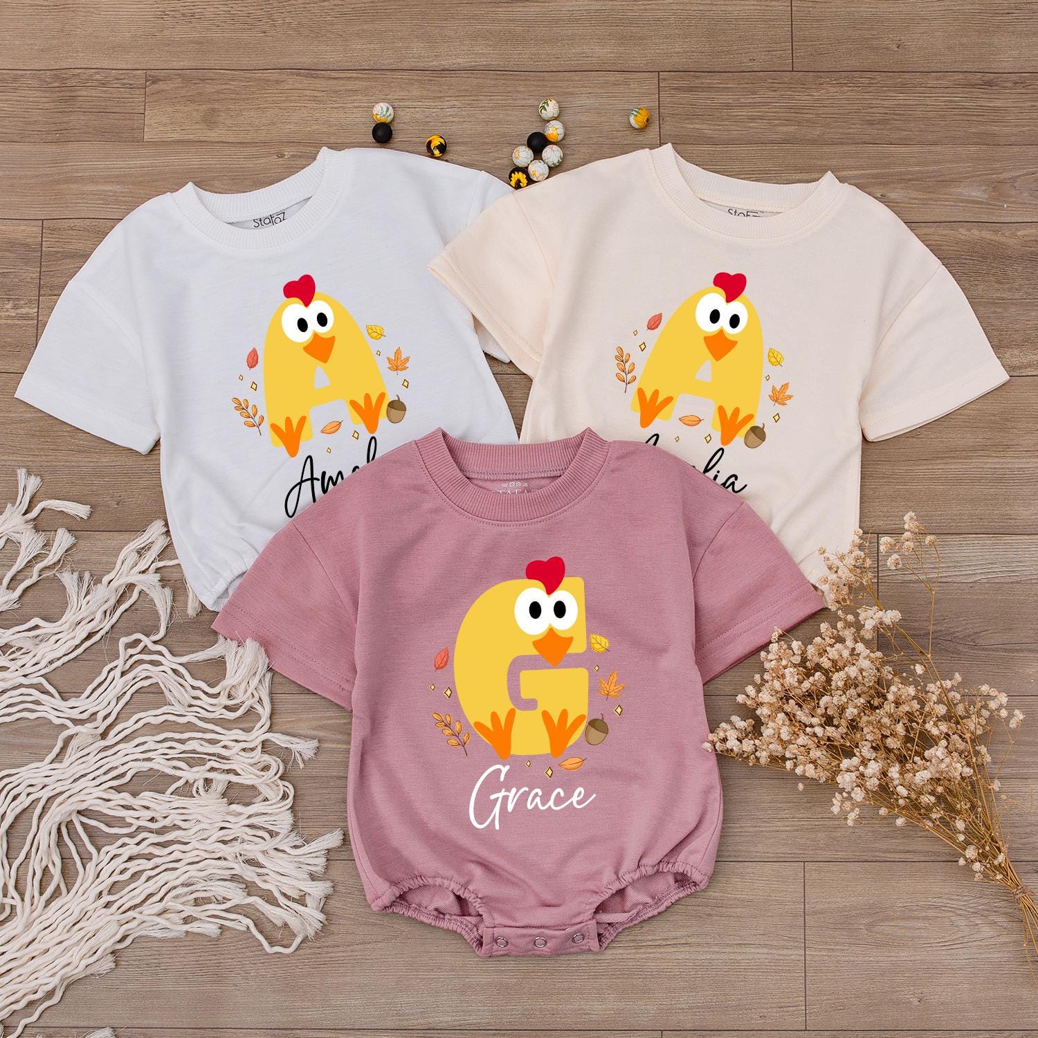 Amelia & Grace Personalized Baby Chick Fall Shirt, Thanksgiving Toddler Tee, Cute Yellow Autumn Outfit, Matching Family Fall Photo