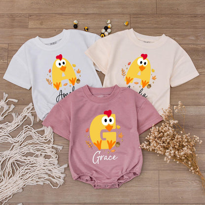 Amelia & Grace Personalized Baby Chick Fall Shirt, Thanksgiving Toddler Tee, Cute Yellow Autumn Outfit, Matching Family Fall Photo