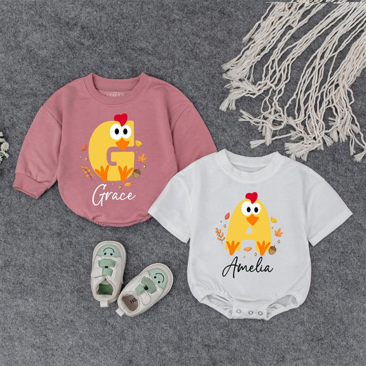 Amelia & Grace Personalized Baby Chick Fall Shirt, Thanksgiving Toddler Tee, Cute Yellow Autumn Outfit, Matching Family Fall Photo