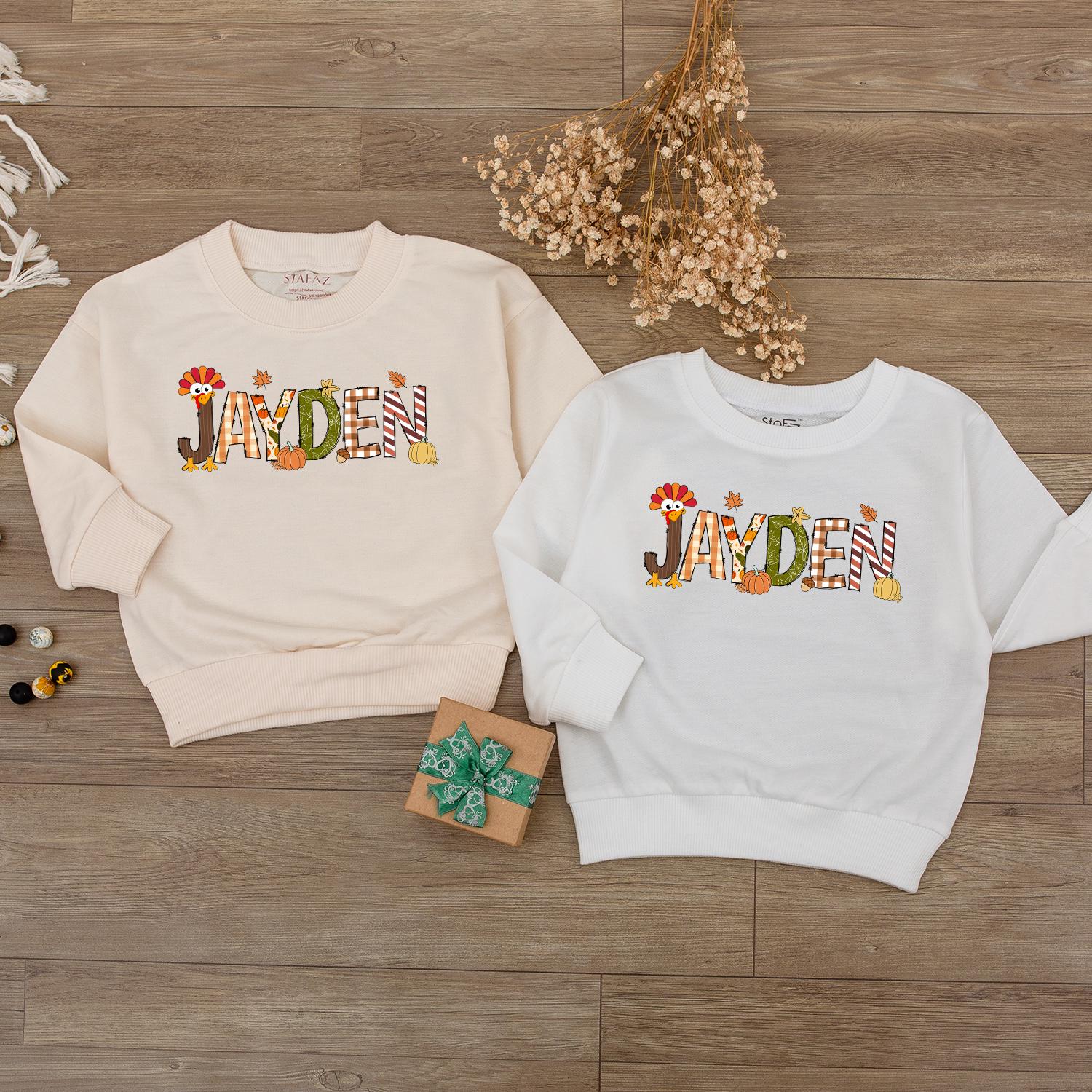Personalized Jayden Thanksgiving Baby Boy Shirt, Fall Turkey & Pumpkin Design, Toddler Autumn Outfit Gift (139 chars)