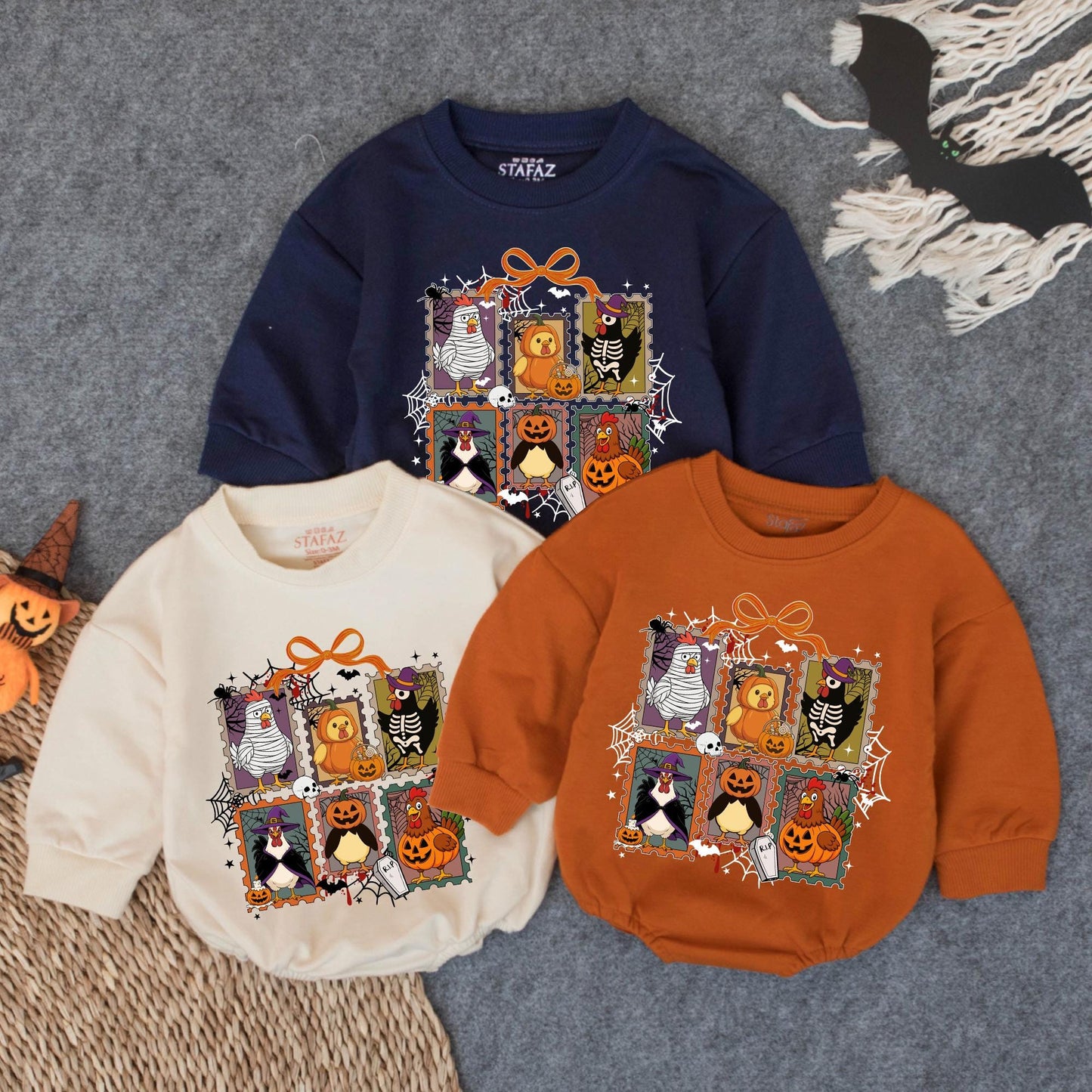 Chick or Treat Halloween Baby Romper Spooky Chicken Cartoon Illustrations Festive Orange Purple Green Black White Cute Halloween Gift Idea