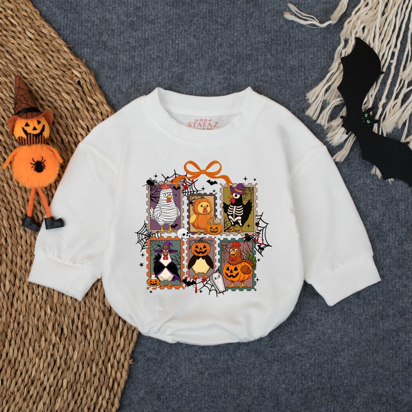 Chick or Treat Halloween Baby Romper Spooky Chicken Cartoon Illustrations Festive Orange Purple Green Black White Cute Halloween Gift Idea