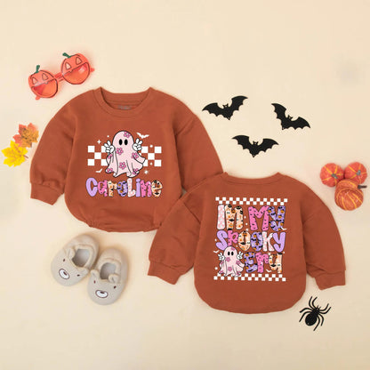 Custom Caroline "In My Spooky Era" Baby Romper Cute Pink Ghost Halloween Toddler Sweatshirt Whimsical Retro Gift