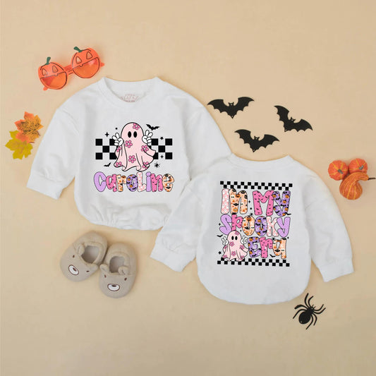 Custom Caroline "In My Spooky Era" Baby Romper Cute Pink Ghost Halloween Toddler Sweatshirt Whimsical Retro Gift