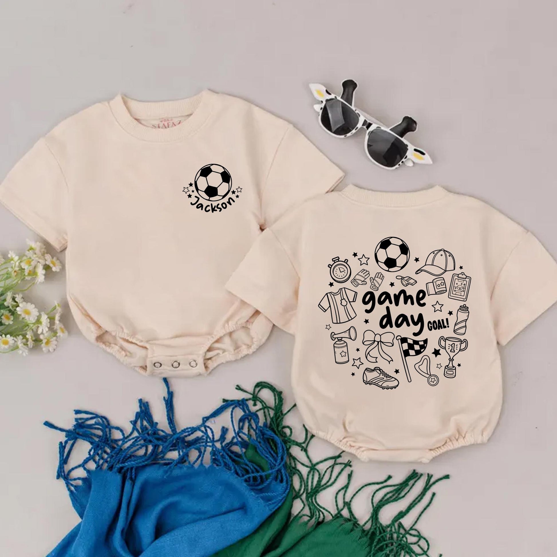 Custom Soccer Baby Romper Cute Doodle Game Day Outfit Personalized Star Ball Jersey Trophy "game day GOAL!" Baby Shower Gift