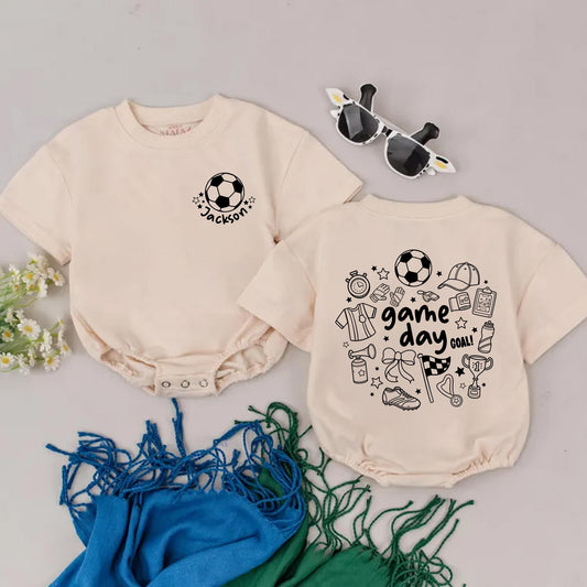 Custom Soccer Baby Romper Cute Doodle Game Day Outfit Personalized Star Ball Jersey Trophy "game day GOAL!" Baby Shower Gift