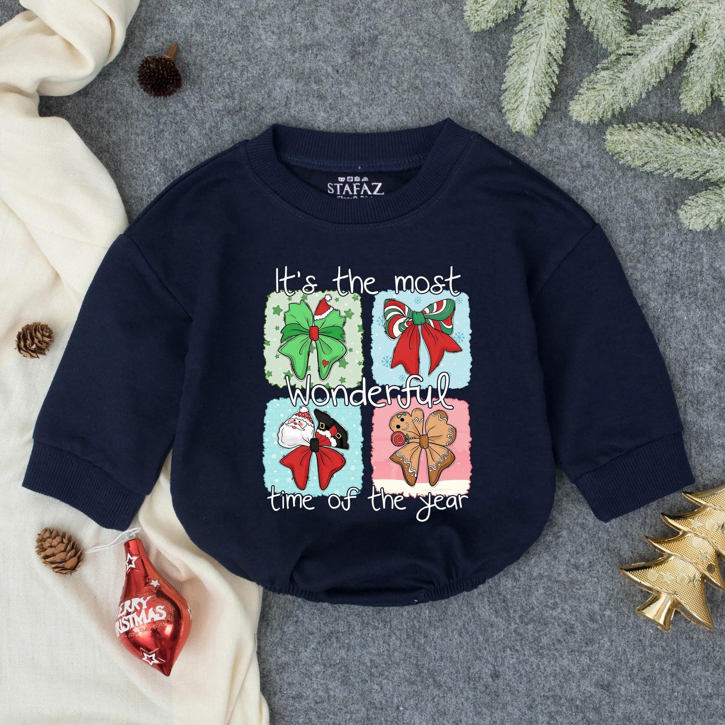 It's the Most Wonderful Time Of The Year Bubble Romper Baby's First Christmas Outfit Whimsical Santa Gingerbread Holiday Baby Shower Gift