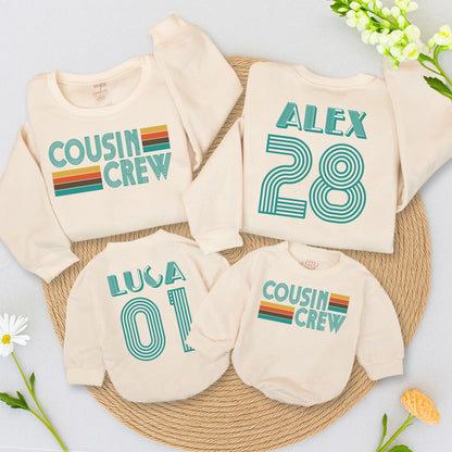 Custom Retro Cousin Crew Sweatshirts, Matching Family Vintage Teal Design, Baby Romper & Kids Clothes, 70s Style
