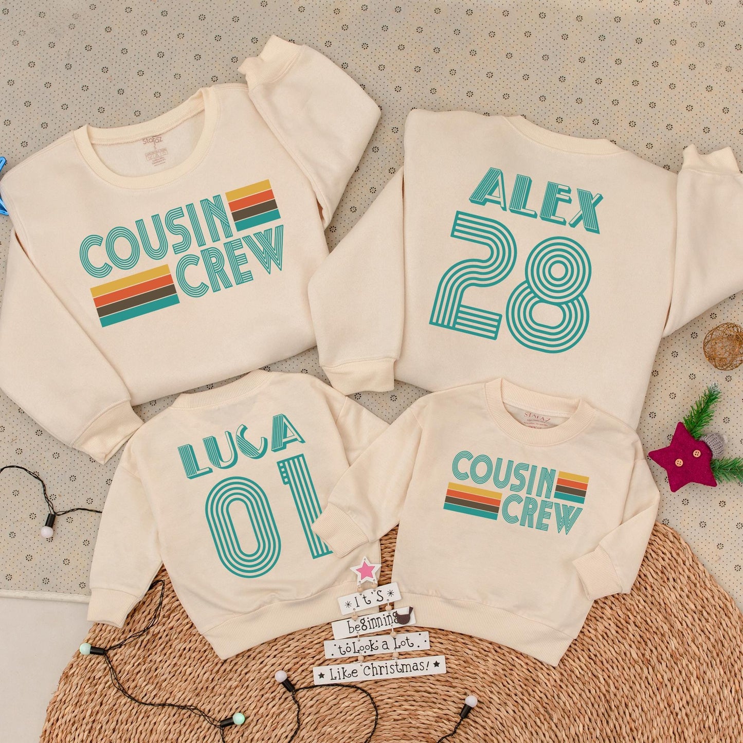 Custom Retro Cousin Crew Sweatshirts, Matching Family Vintage Teal Design, Baby Romper & Kids Clothes, 70s Style