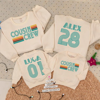 Custom Retro Cousin Crew Sweatshirts, Matching Family Vintage Teal Design, Baby Romper & Kids Clothes, 70s Style