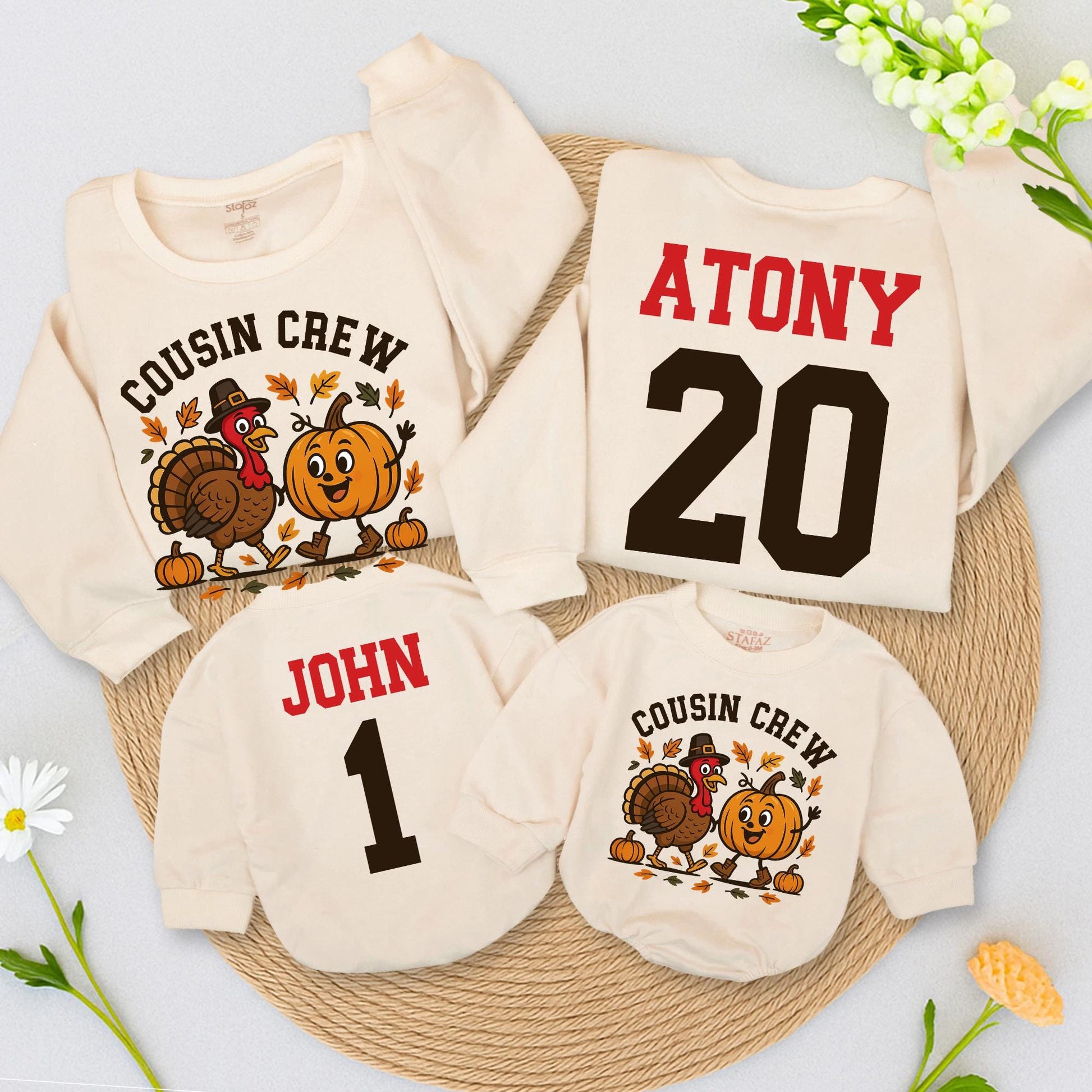 Personalized Thanksgiving Cousin Crew Sweatshirt Family Matching Outfit, Turkey Pilgrim Hat, Autumn Colors, Custom Names, Fall Gift (139 chars)