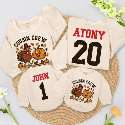 Personalized Thanksgiving Cousin Crew Sweatshirt Family Matching Outfit, Turkey Pilgrim Hat, Autumn Colors, Custom Names, Fall Gift (139 chars)