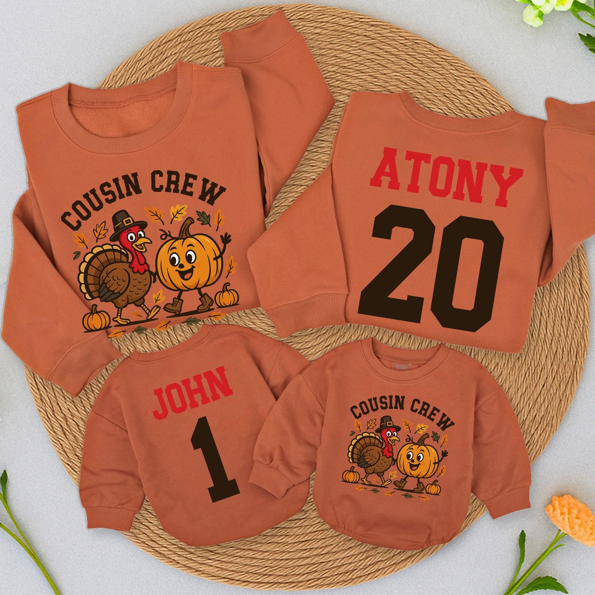 Personalized Thanksgiving Cousin Crew Sweatshirt Family Matching Outfit, Turkey Pilgrim Hat, Autumn Colors, Custom Names, Fall Gift (139 chars)