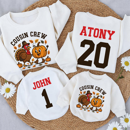 Personalized Thanksgiving Cousin Crew Sweatshirt Family Matching Outfit, Turkey Pilgrim Hat, Autumn Colors, Custom Names, Fall Gift (139 chars)