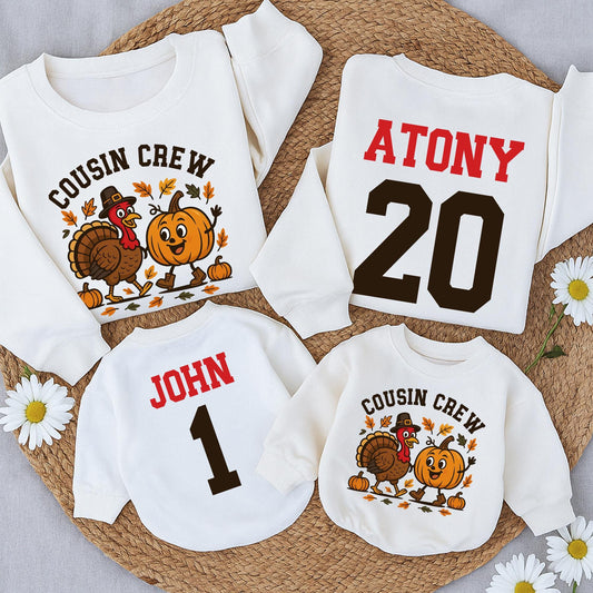 Personalized Thanksgiving Cousin Crew Sweatshirt Family Matching Outfit, Turkey Pilgrim Hat, Autumn Colors, Custom Names, Fall Gift (139 chars)