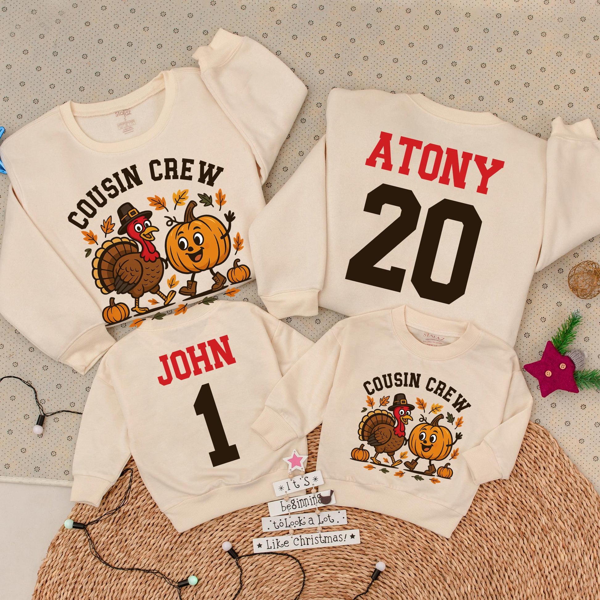 Personalized Thanksgiving Cousin Crew Sweatshirt Family Matching Outfit, Turkey Pilgrim Hat, Autumn Colors, Custom Names, Fall Gift (139 chars)
