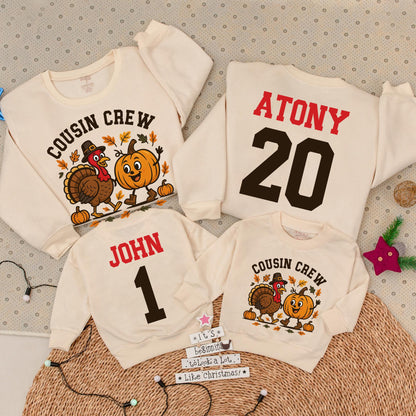 Personalized Thanksgiving Cousin Crew Sweatshirt Family Matching Outfit, Turkey Pilgrim Hat, Autumn Colors, Custom Names, Fall Gift (139 chars)
