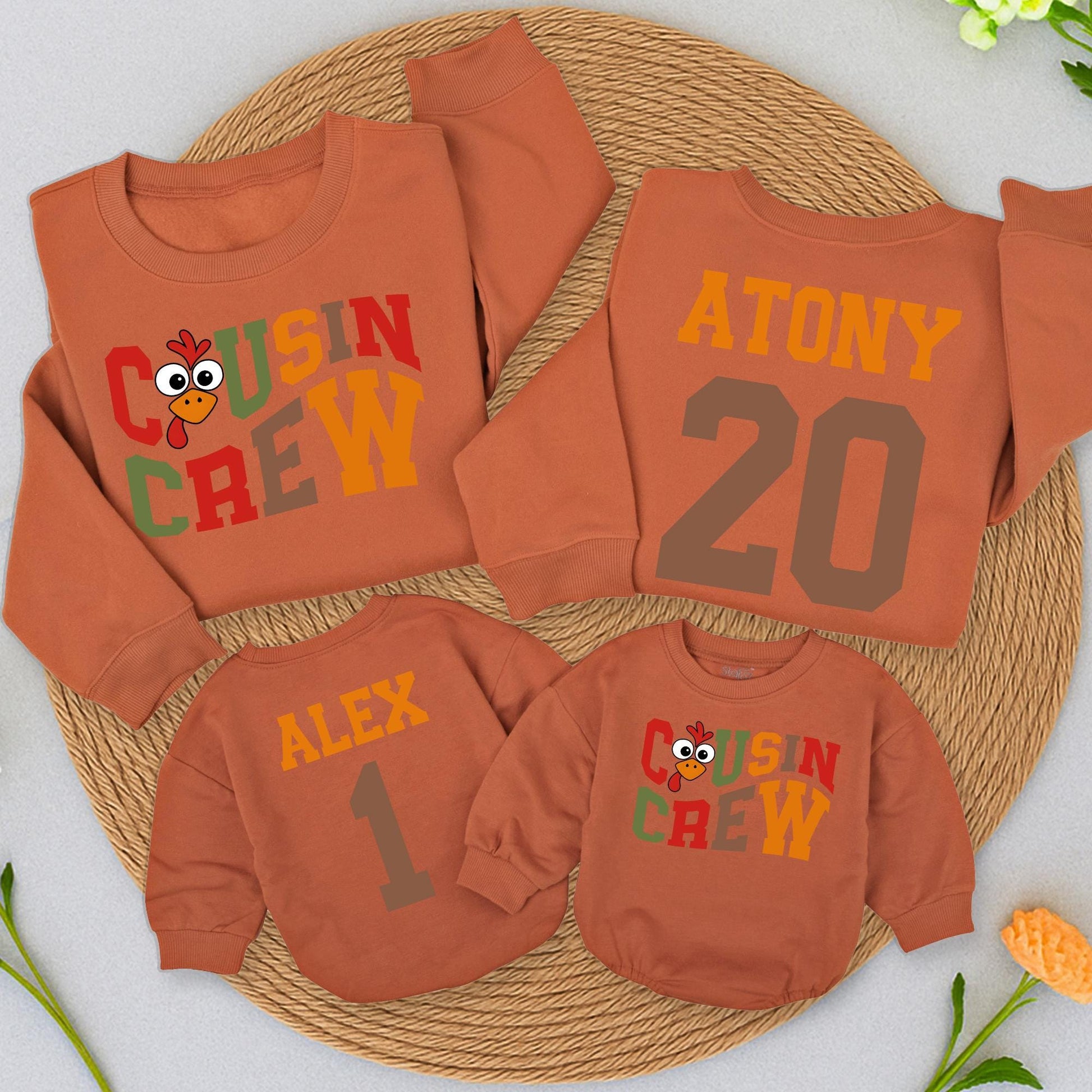 Thanksgiving Cousin Crew Sweatshirt & Turkey Baby Romper, Family Matching Fall Outfits Red/Green Design