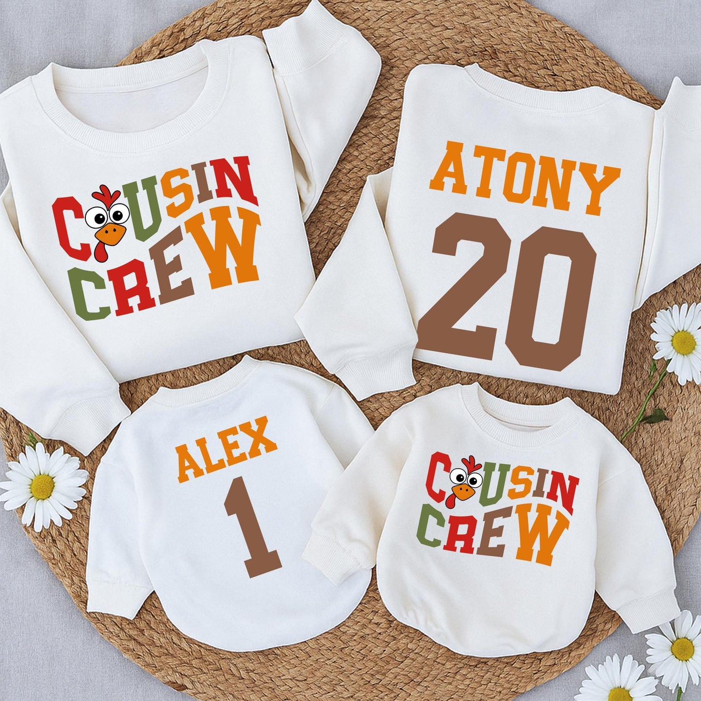 Thanksgiving Cousin Crew Sweatshirt & Turkey Baby Romper, Family Matching Fall Outfits Red/Green Design