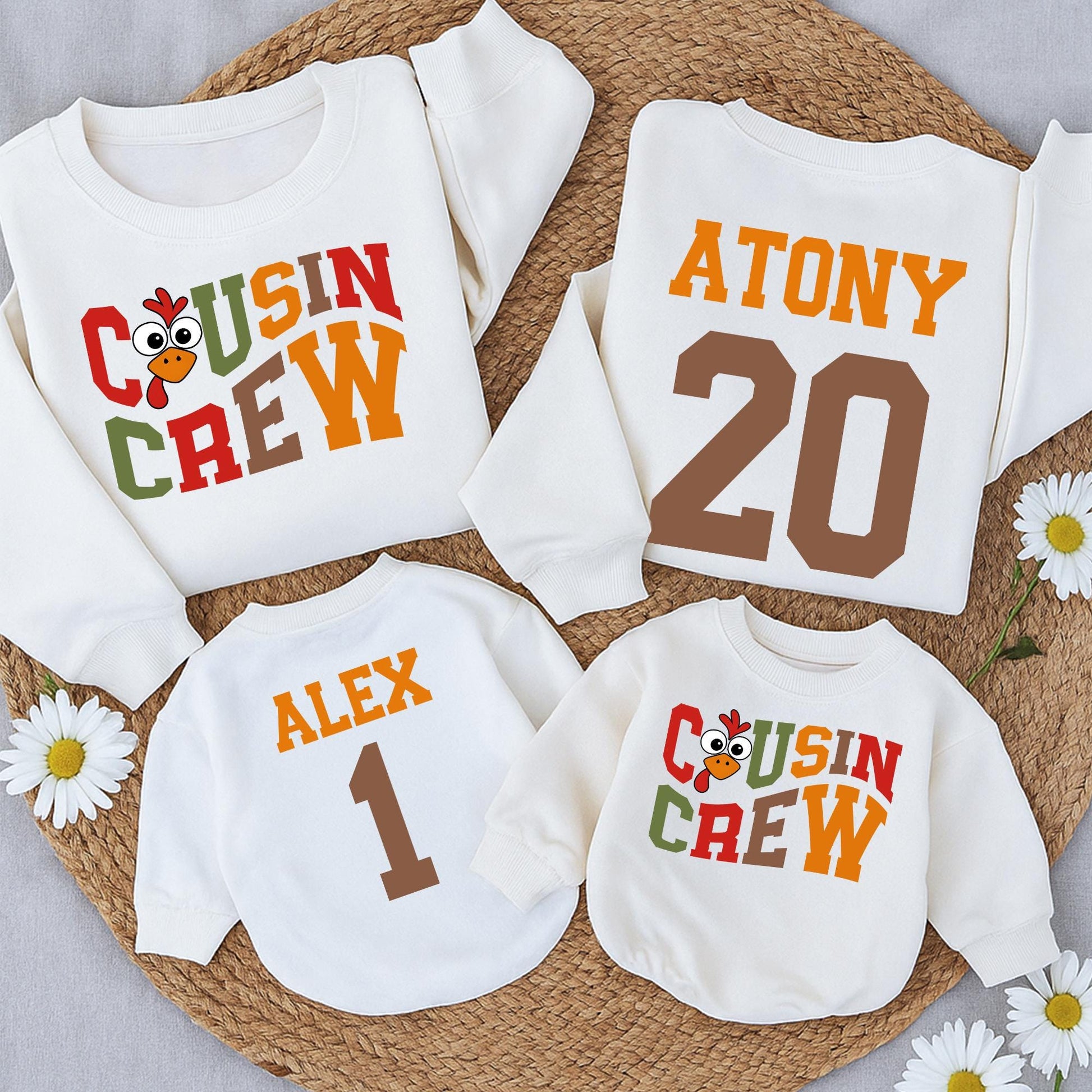 Thanksgiving Cousin Crew Sweatshirt & Turkey Baby Romper, Family Matching Fall Outfits Red/Green Design