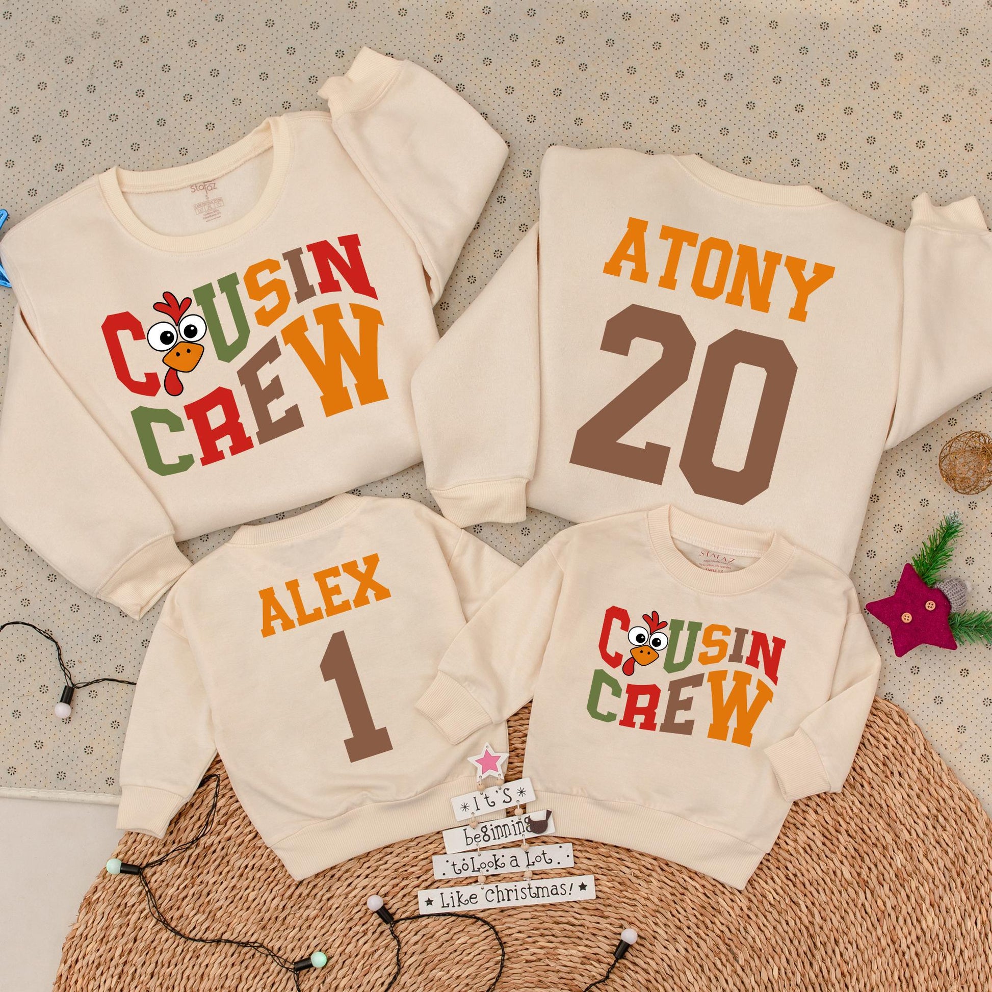 Thanksgiving Cousin Crew Sweatshirt & Turkey Baby Romper, Family Matching Fall Outfits Red/Green Design