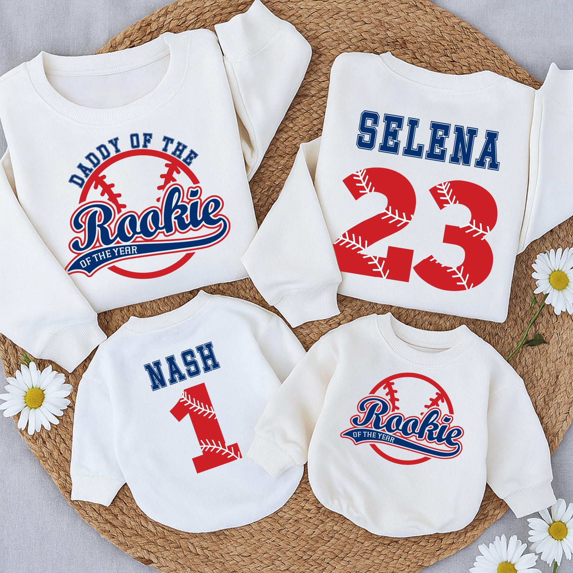 Rookie of the Year Baseball Birthday Sweatshirt, Daddy's Little MVP Outfit, Custom Name & Number 1st Birthday Party Shirt, Blue and Red Design (137 chars)