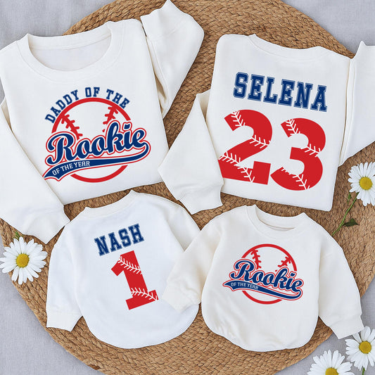 Rookie of the Year Baseball Birthday Sweatshirt, Daddy's Little MVP Outfit, Custom Name & Number 1st Birthday Party Shirt, Blue and Red Design (137 chars)