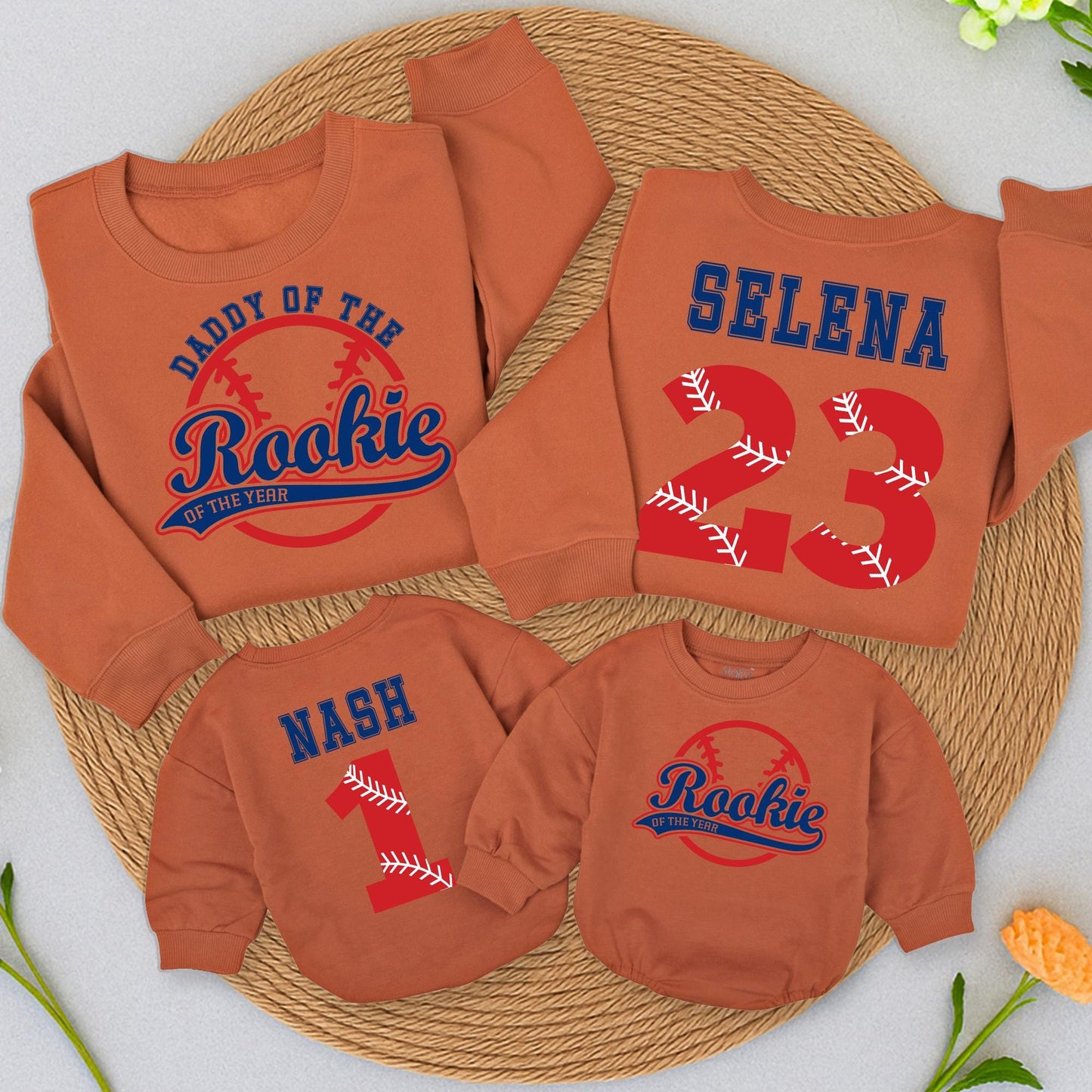 Rookie of the Year Baseball Birthday Sweatshirt, Daddy's Little MVP Outfit, Custom Name & Number 1st Birthday Party Shirt, Blue and Red Design (137 chars)