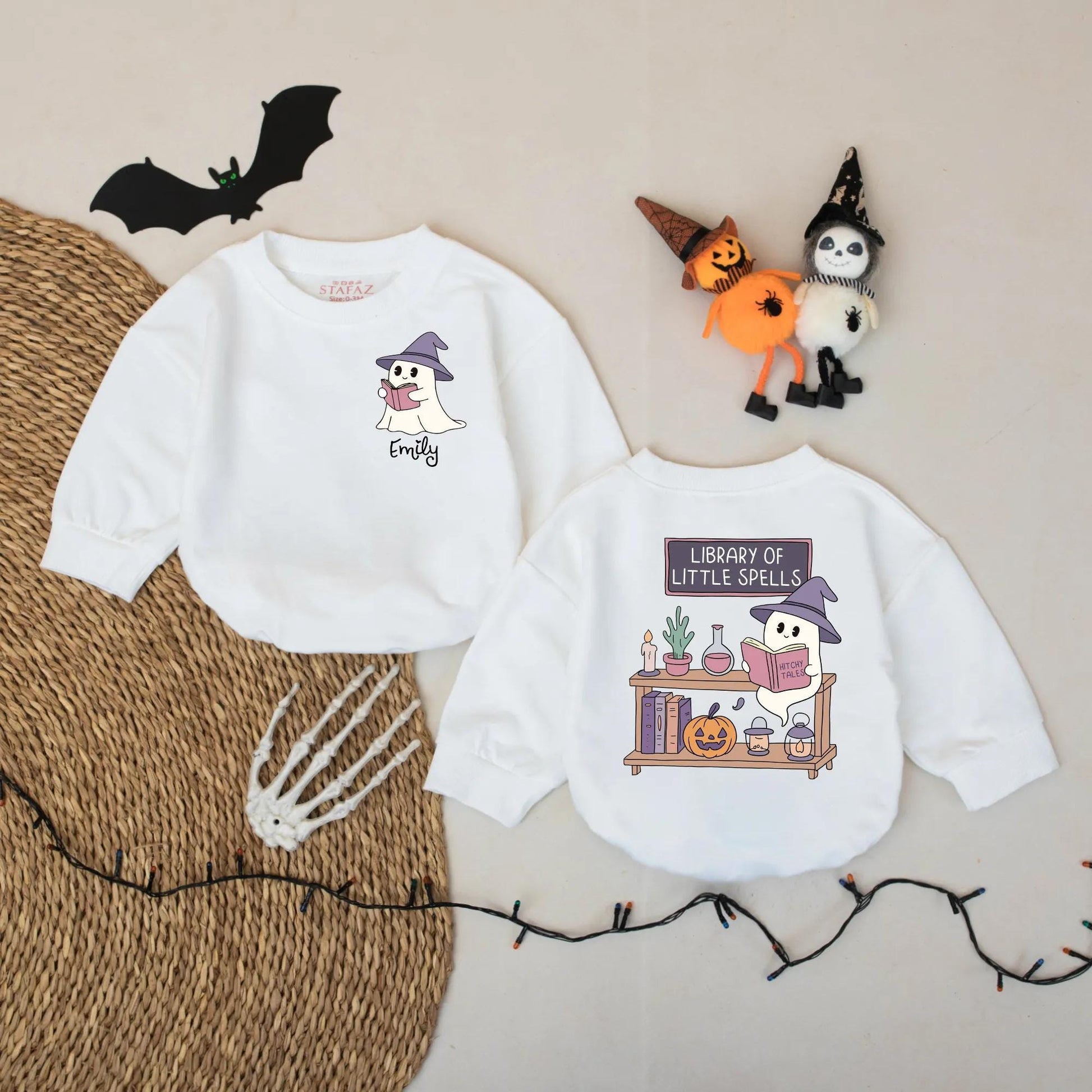 Ghost Reading Baby Romper Personalized Halloween Outfit for Book Loving Babies Custom Name Gift