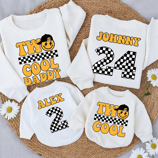 Personalized Retro Two Cool Birthday Sweatshirt Matching Family Outfits Vintage Smiley Face Lightning Bolts Yellow Orange
