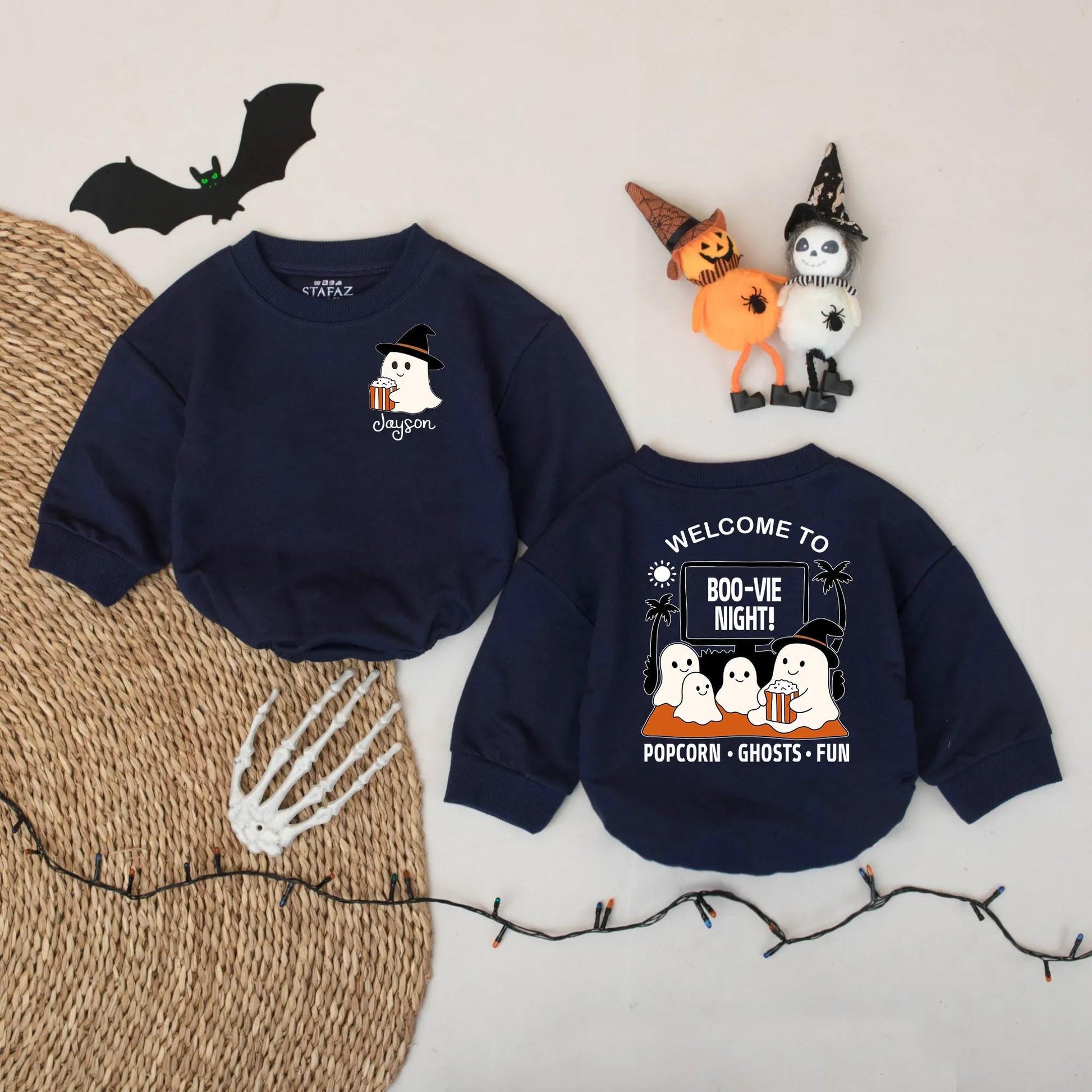 Custom Name Ghost Popcorn Movie Night Baby Romper Cute Halloween Spooky Boo-vie Party Infant Bodysuit Cozy Child Friendly Gift