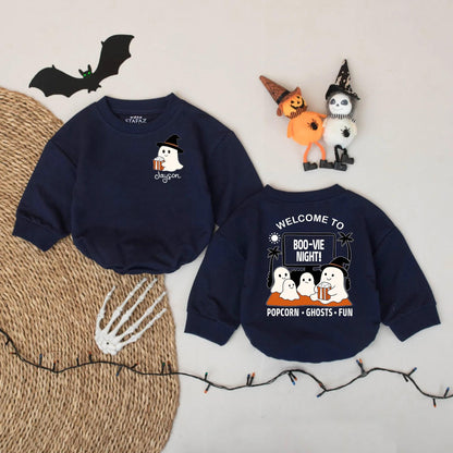 Custom Name Ghost Popcorn Movie Night Baby Romper Cute Halloween Spooky Boo-vie Party Infant Bodysuit Cozy Child Friendly Gift