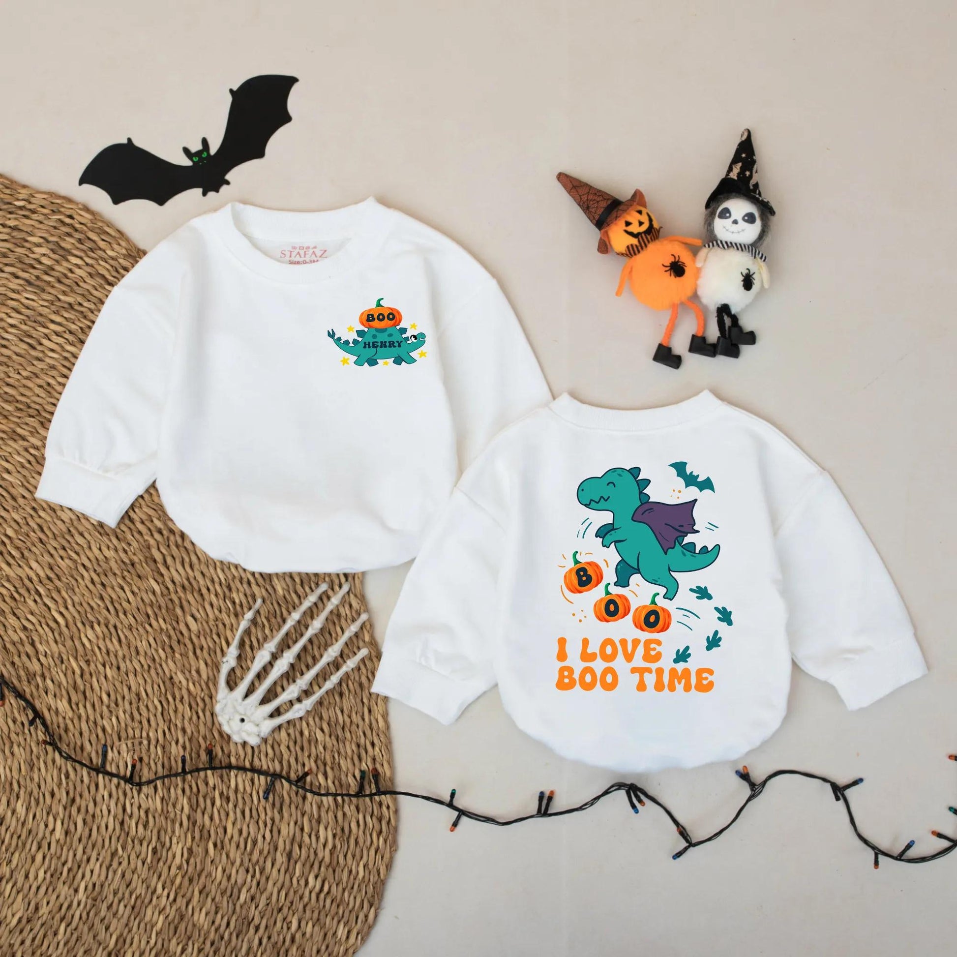 Personalized Dino Pumpkin Baby Romper Custom Name Halloween Costume Fall Outfit for Infant Toddler