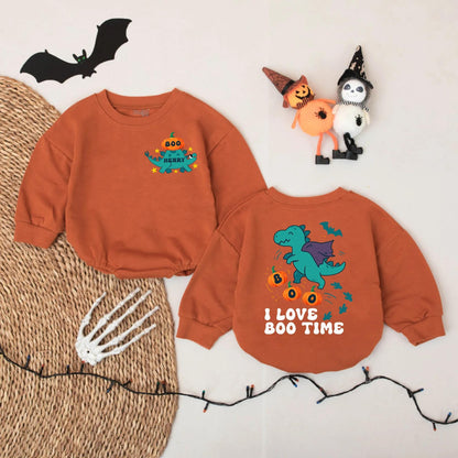 Personalized Dino Pumpkin Baby Romper Custom Name Halloween Costume Fall Outfit for Infant Toddler