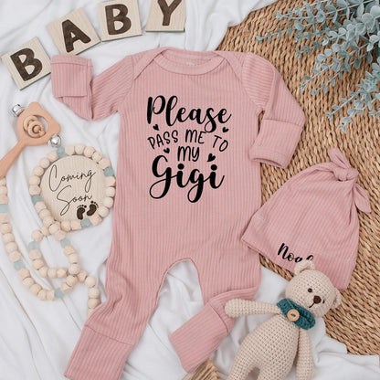 Custom Please Pass Me to My Gigi Baby Bodysuit Romper Grandchild Gift Newborn Outfit for Grandma Baby Shower Present