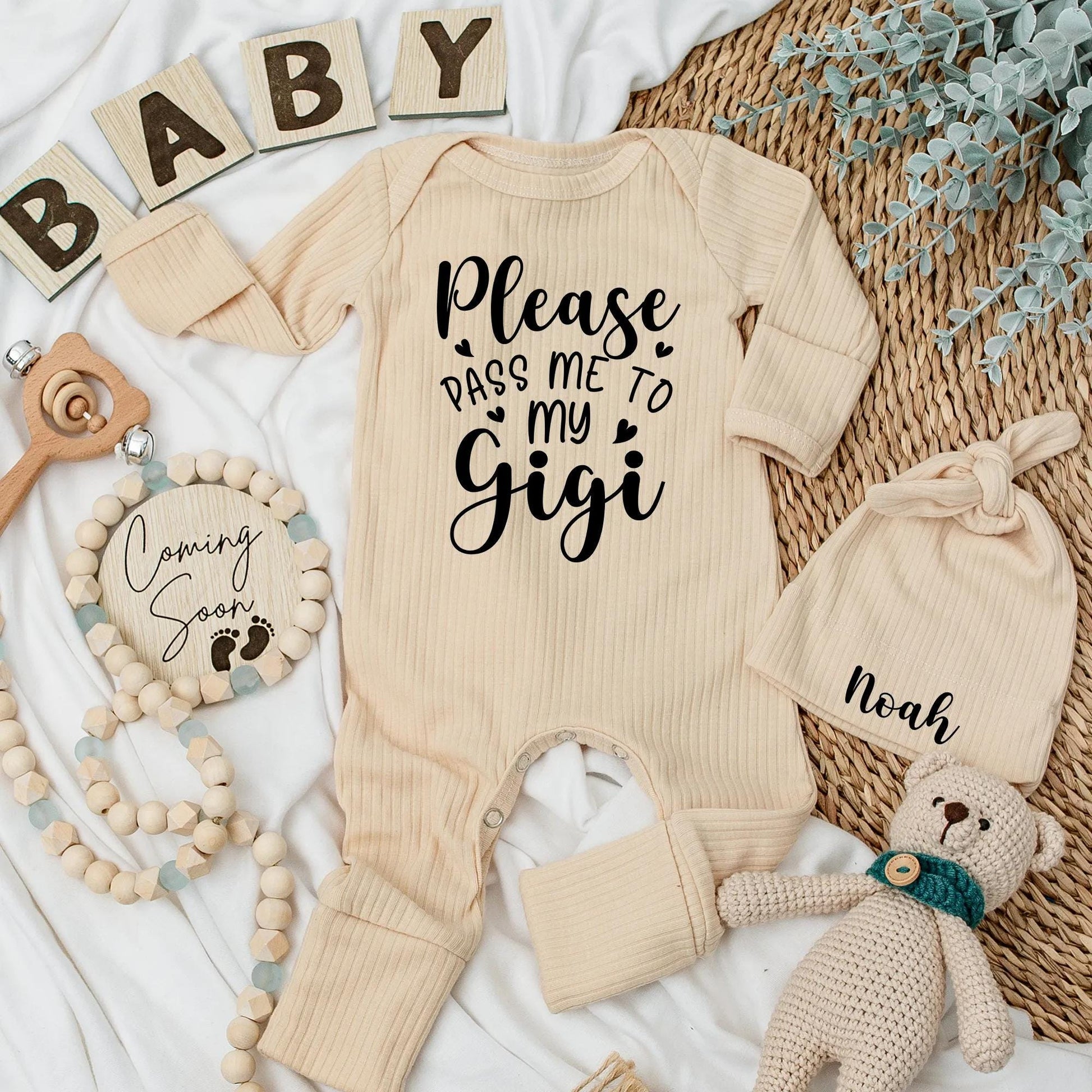 Custom Please Pass Me to My Gigi Baby Bodysuit Romper Grandchild Gift Newborn Outfit for Grandma Baby Shower Present