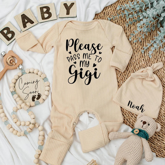 Custom Please Pass Me to My Gigi Baby Bodysuit Romper Grandchild Gift Newborn Outfit for Grandma Baby Shower Present